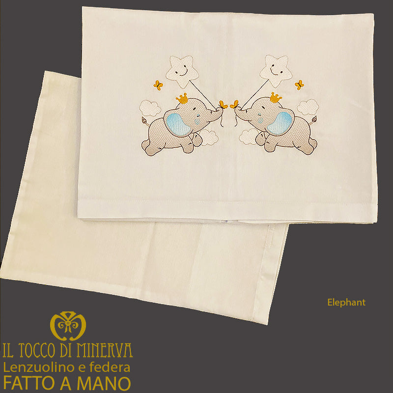 Lenzuolo con Federa bimbo millerighe celeste ricamo elefanti - Fatto a Mano - Il Tocco di Minerva