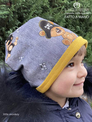 Cappello reversibile bambino 100% cotone Little Monkey - Fatto a Mano - Il Tocco di Minerva
