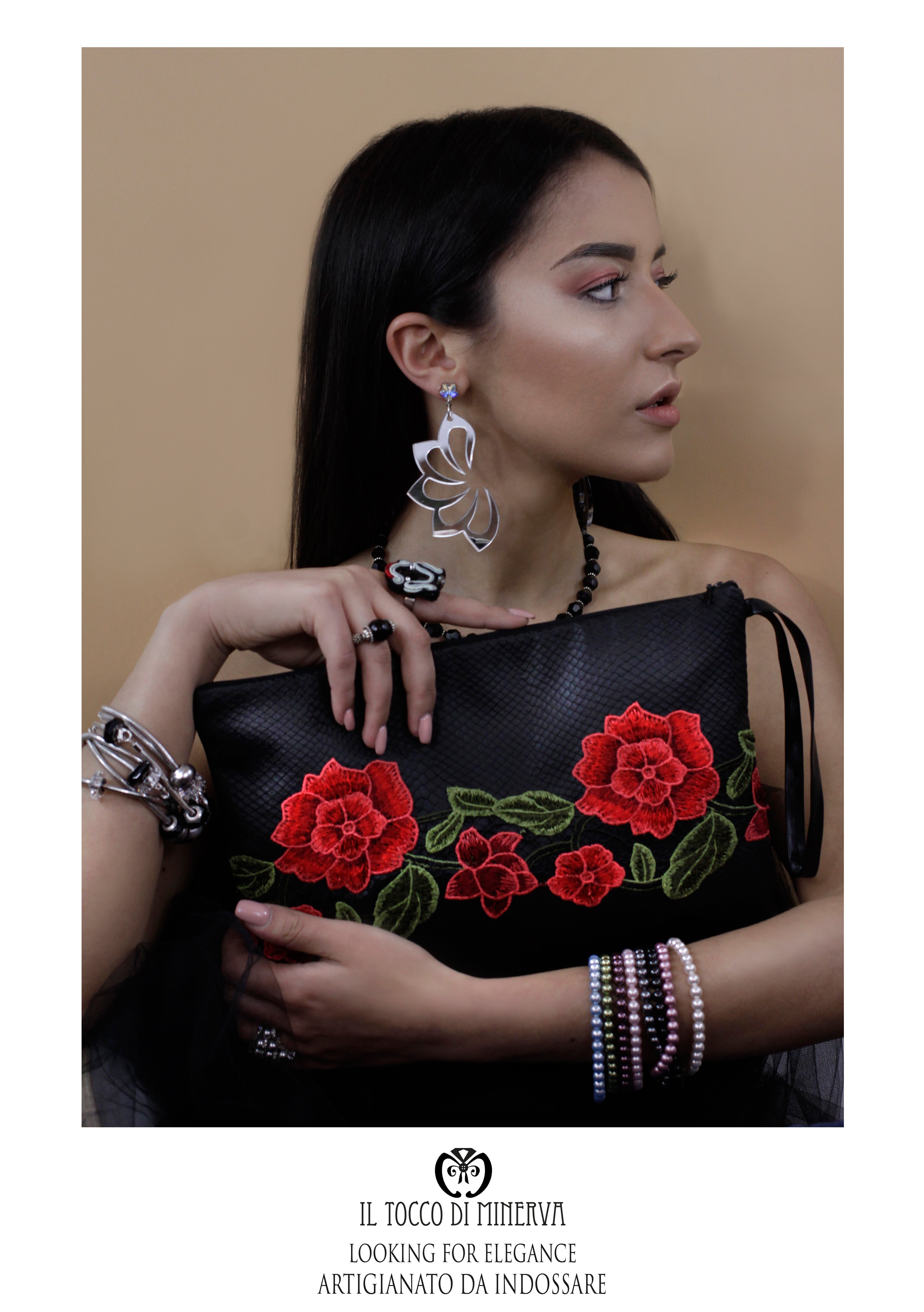 Borsa Pochette Ecopelle nero e pizzo Carmelita – Realizzata a mano - Il Tocco di Minerva