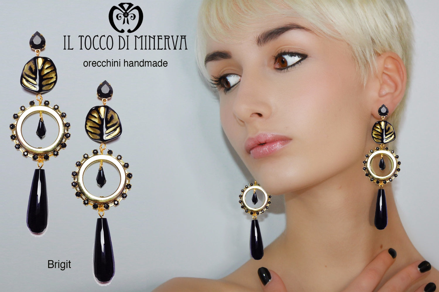 Orecchini onice nera,swarovski e resina Brigit Realizzati a mano - Handmade - Il Tocco di Minerva