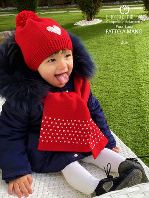 Sciarpa e cappello bimba pura lana rosso e bianco zoe - Realizzato a Mano - Il Tocco di Minerva