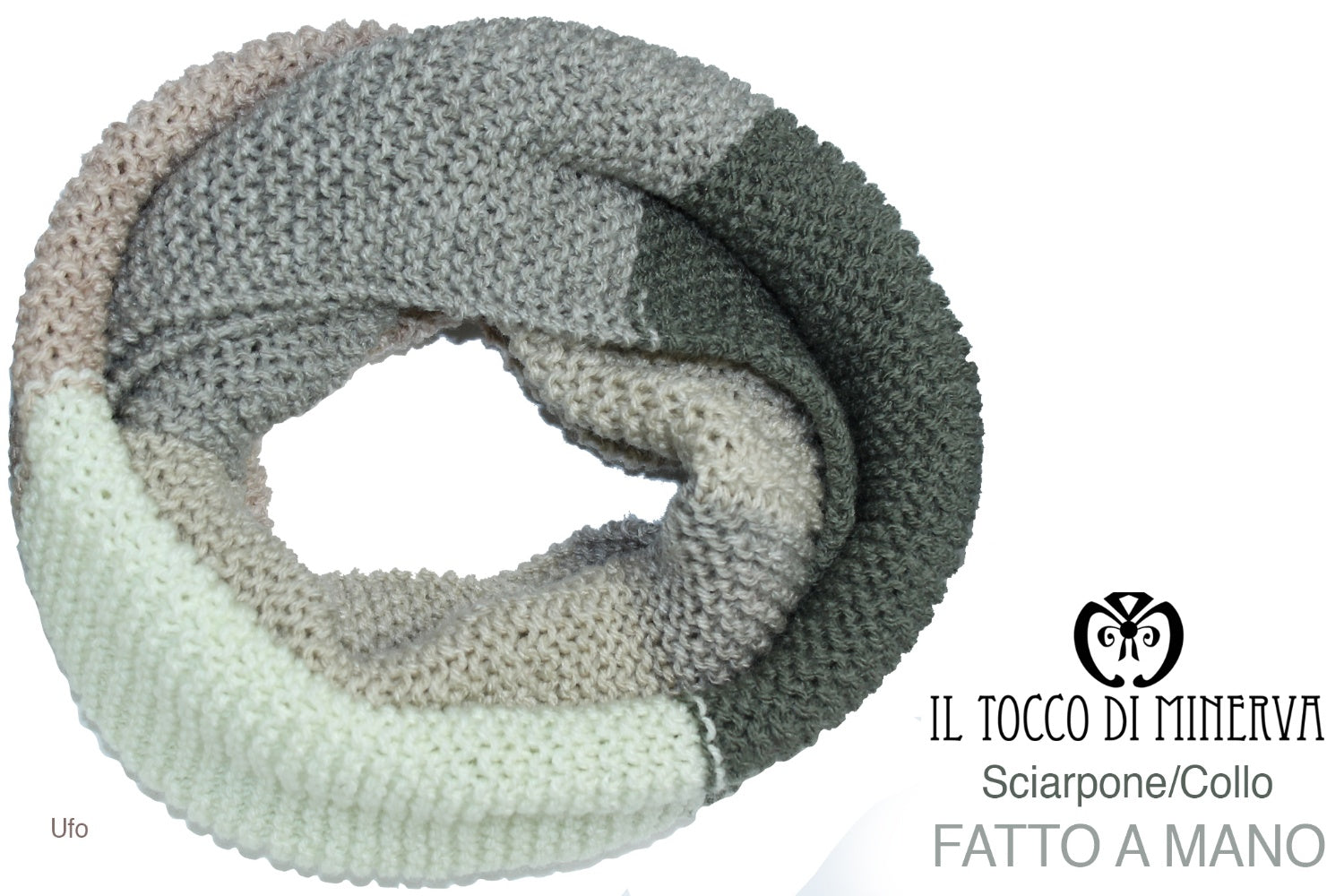 Sciarpa Unisex Ufo Multicolor verde/beige/grigio/panna – realizzata a mano – HandMade - Il Tocco di Minerva