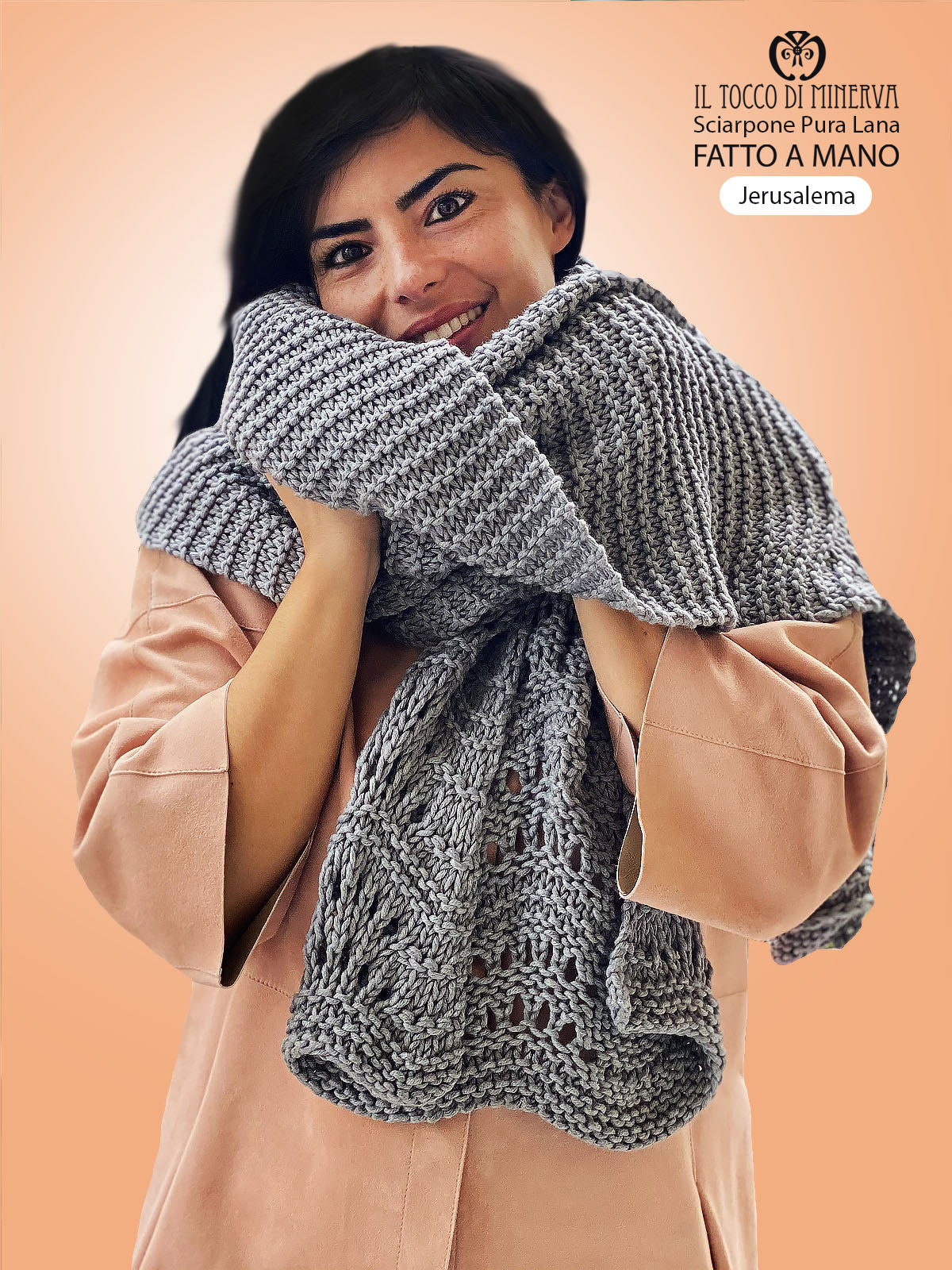 Sciarpone pura lana grigio Jerusalema - Realizzato a Mano - Il Tocco di Minerva