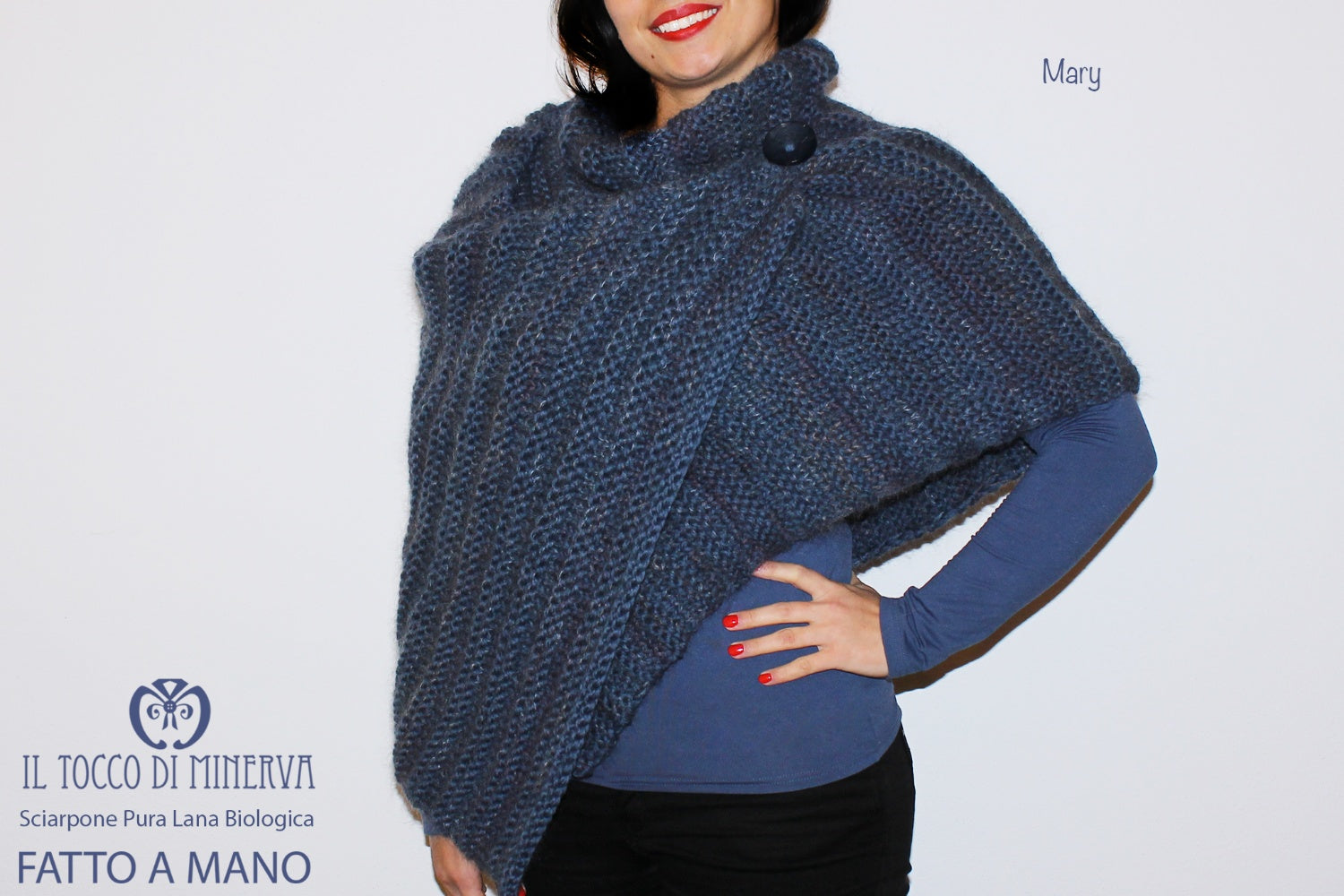 Sciarpone mantella Mary blu lana biologica e seta – realizzata a mano – HandMade - Il Tocco di Minerva