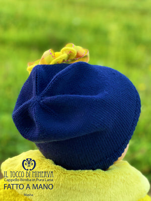 Cappello Bimba pura lana Masha Blu giallo - Realizzato a mano - Il Tocco di Minerva