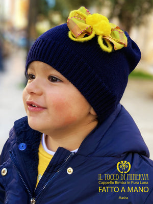 Cappello Bimba pura lana Masha Blu giallo - Realizzato a mano - Il Tocco di Minerva