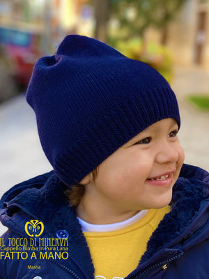Cappello Bimba pura lana Masha Blu giallo - Realizzato a mano - Il Tocco di Minerva
