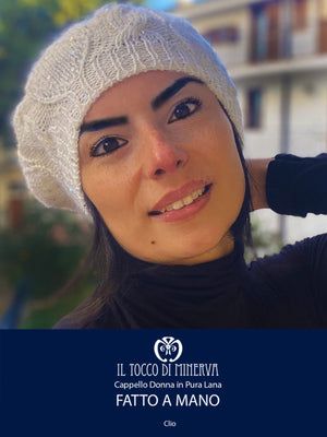Cappello donna bianco in lana mohair paillettes Clio - Realizzato a mano - Il Tocco di Minerva