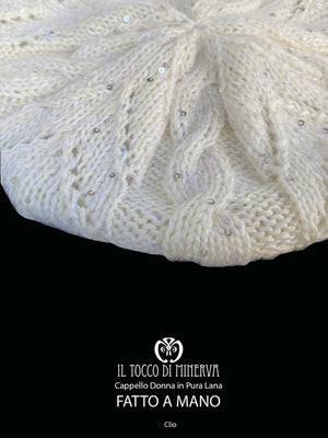 Cappello donna bianco in lana mohair paillettes Clio - Realizzato a mano - Il Tocco di Minerva