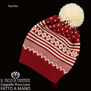 Cappello pura lana Pon Pon bianco bordeaux - Fatto a Mano - Il Tocco di Minerva