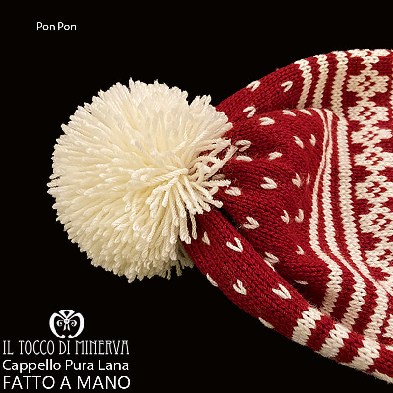 Cappello pura lana Pon Pon bianco bordeaux - Fatto a Mano - Il Tocco di Minerva