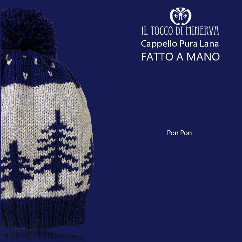 Cappello pura lana Pon Pon alberi blu celeste - Fatto a Mano - Il Tocco di Minerva