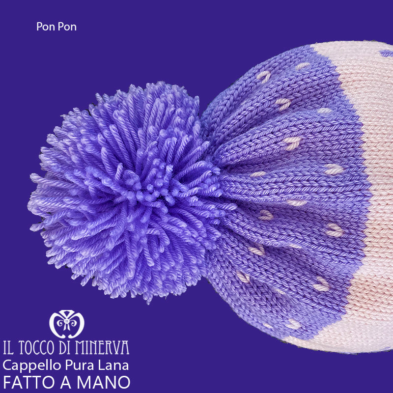 Cappello pura lana Pon Pon alberi glicine rosa - Fatto a Mano - Il Tocco di Minerva