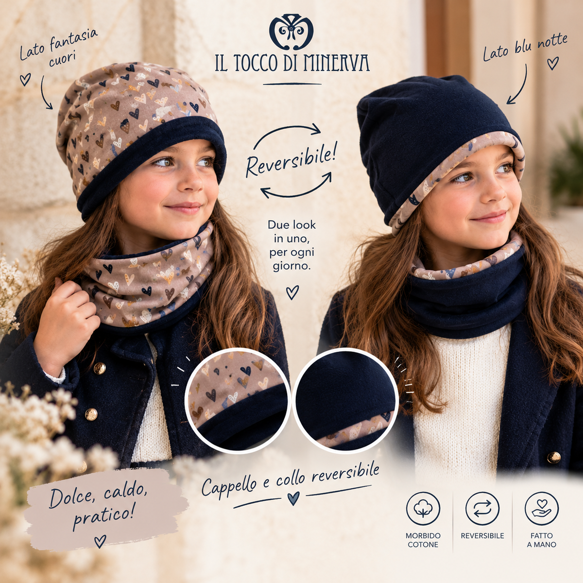 Cappello e collo reversibile felpato batti cuore -Fatto a Mano