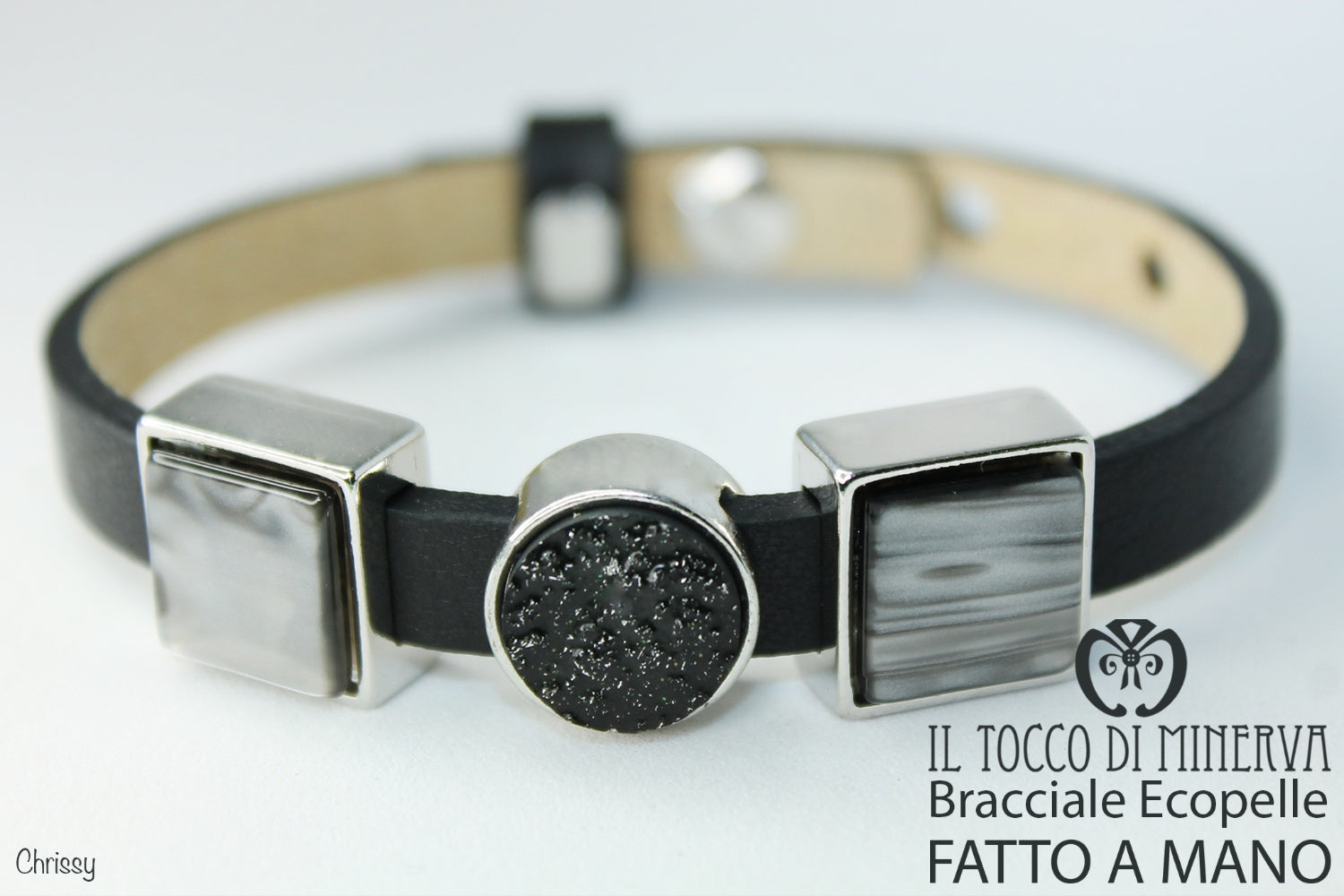 Bracciale unisex ecopelle nero con charms componibile Chrissy Realizzato a mano Handmade - Il Tocco di Minerva