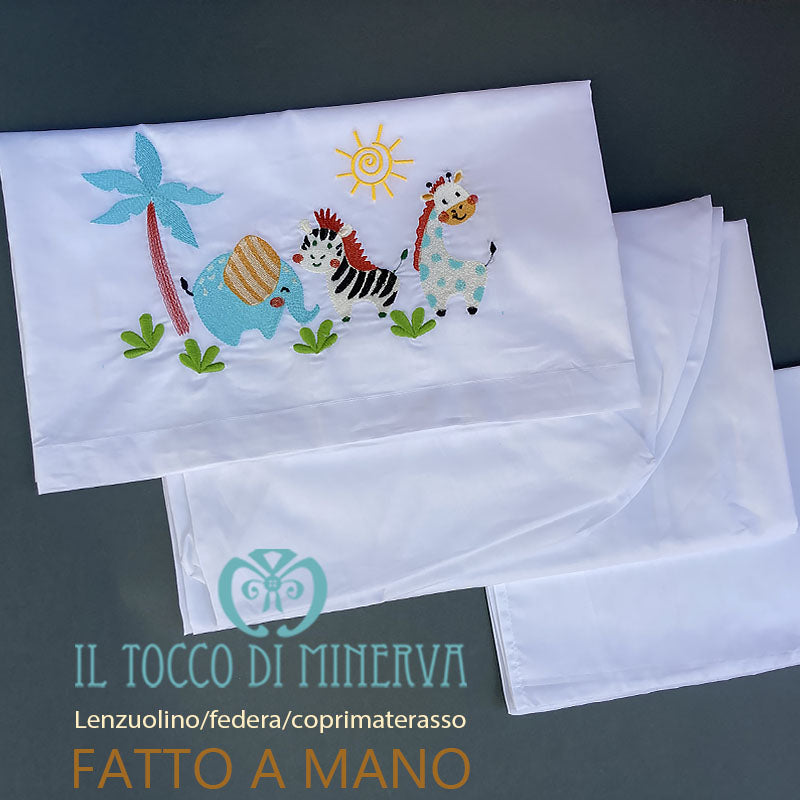 Lenzuolo con Federa e coprimaterasso ricamo animali della giungla - Fatto a Mano - Il Tocco di Minerva