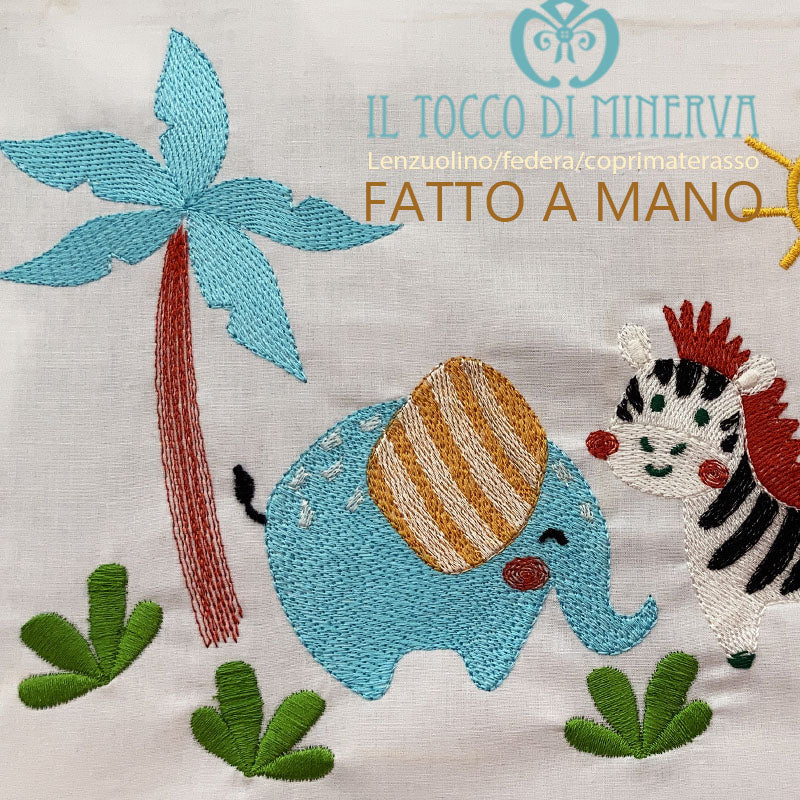 Lenzuolo con Federa e coprimaterasso ricamo animali della giungla - Fatto a Mano - Il Tocco di Minerva