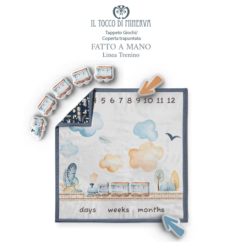 Coperta Mesi neonato Trapuntata Linea Trenino - Fatto a Mano - Il Tocco di Minerva
