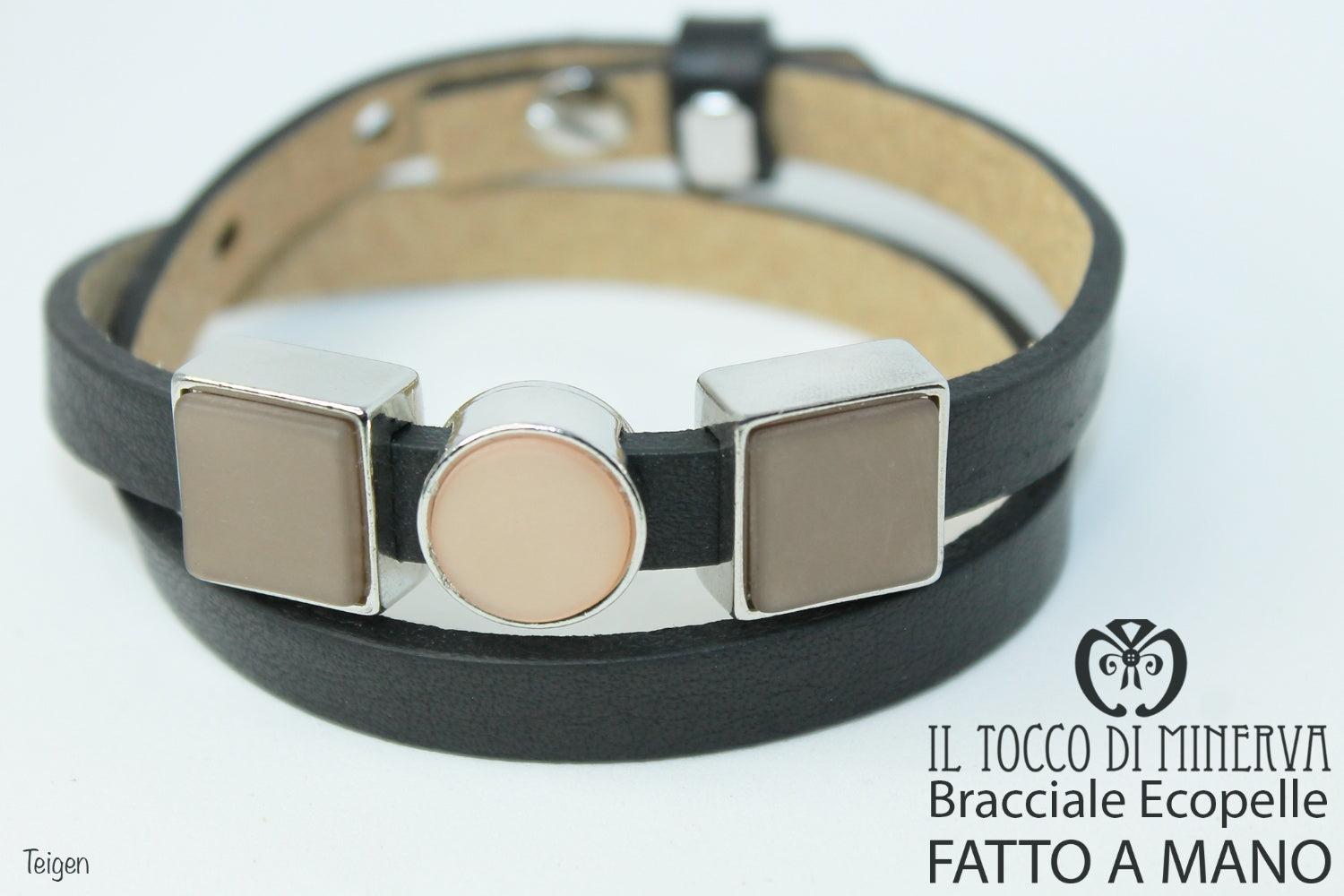 Bracciale unisex ecopelle nero con charms componibile Teigen Realizzato a mano Handmade - Il Tocco di Minerva