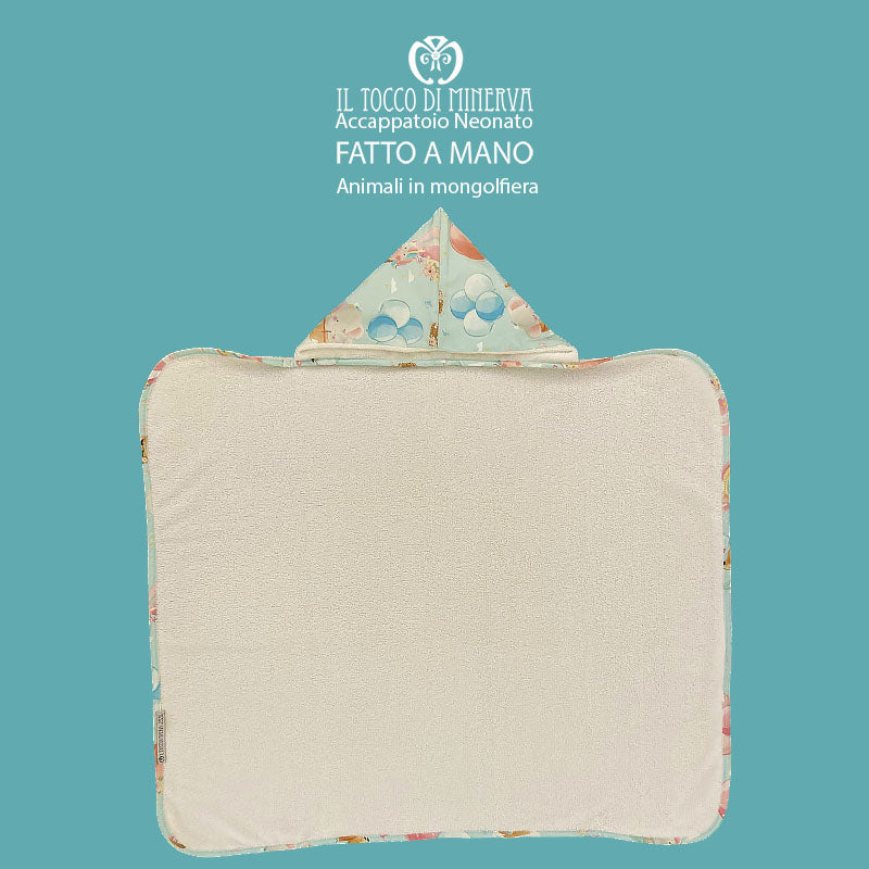 Accappatoio Bamboo bianco neonato animali in mongolfiera - Fatto a Mano - Il Tocco di Minerva