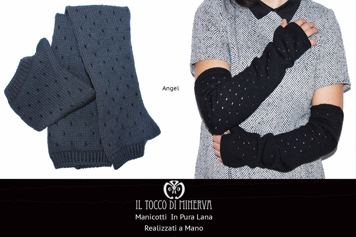 Manicotti neri in Pura Lana Angel - realizzati a mano – HandMade - Il Tocco di Minerva