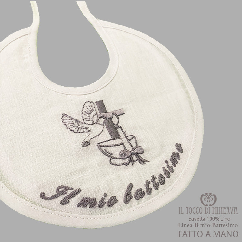 Bavetta neonato in lino bianco Linea Il mio battesimo - Fatto a mano - Il Tocco di Minerva