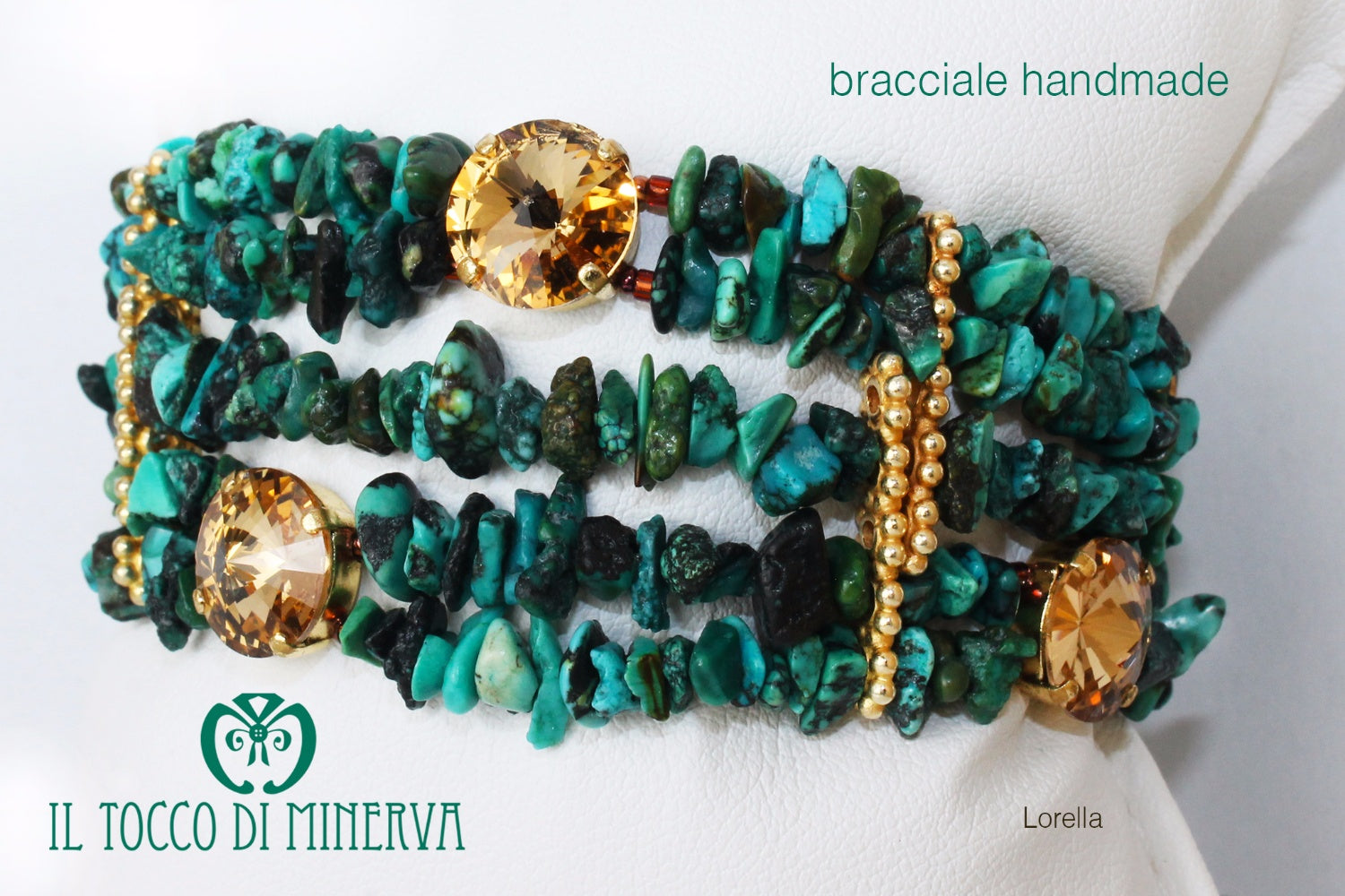 Bracciale verde/oro pietre naturali e swarovski Lorella Realizzato a mano - Handmade - Il Tocco di Minerva