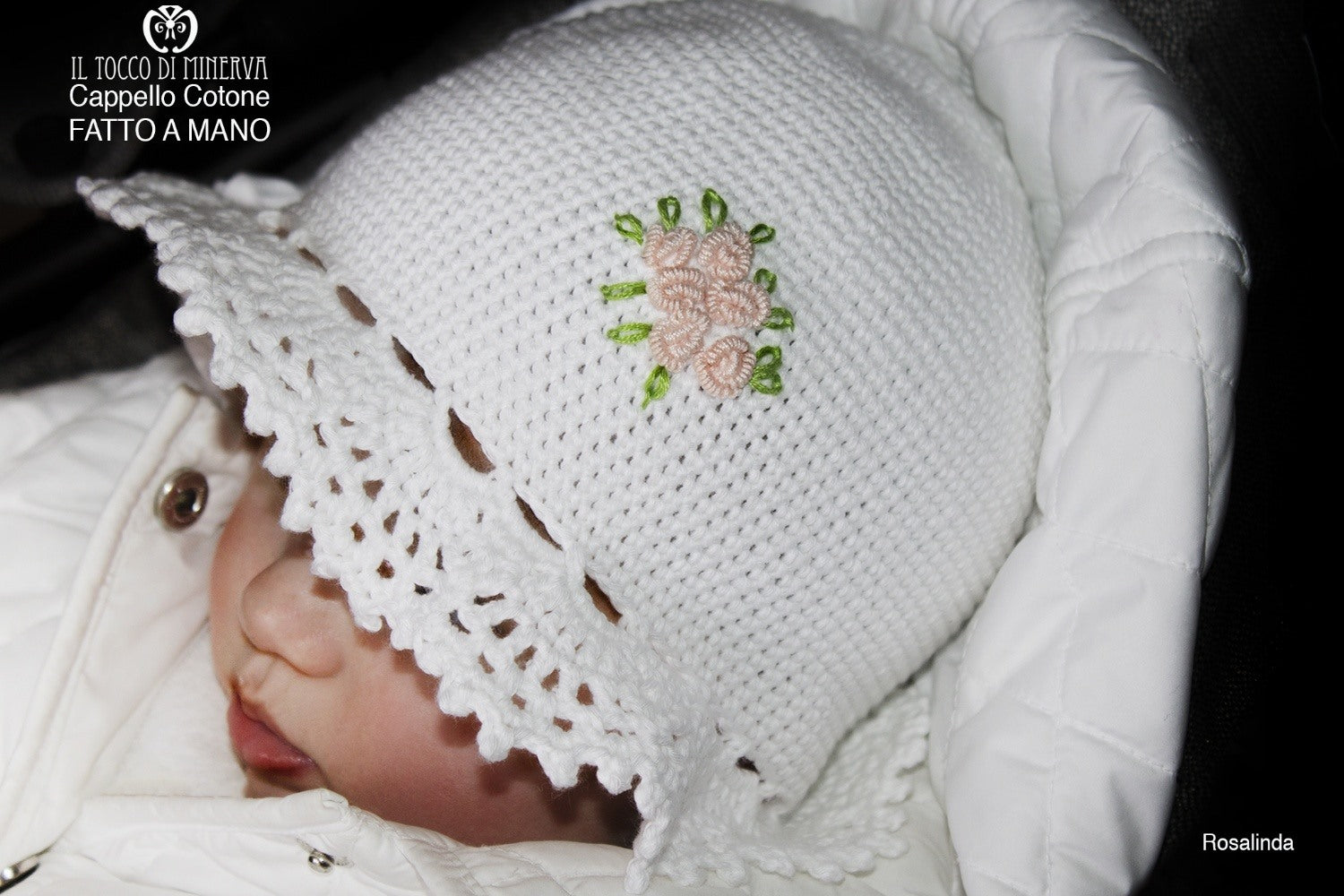 Cappello Bimba Cotone bianco Rosalinda Realizzato a Mano - Il Tocco di Minerva