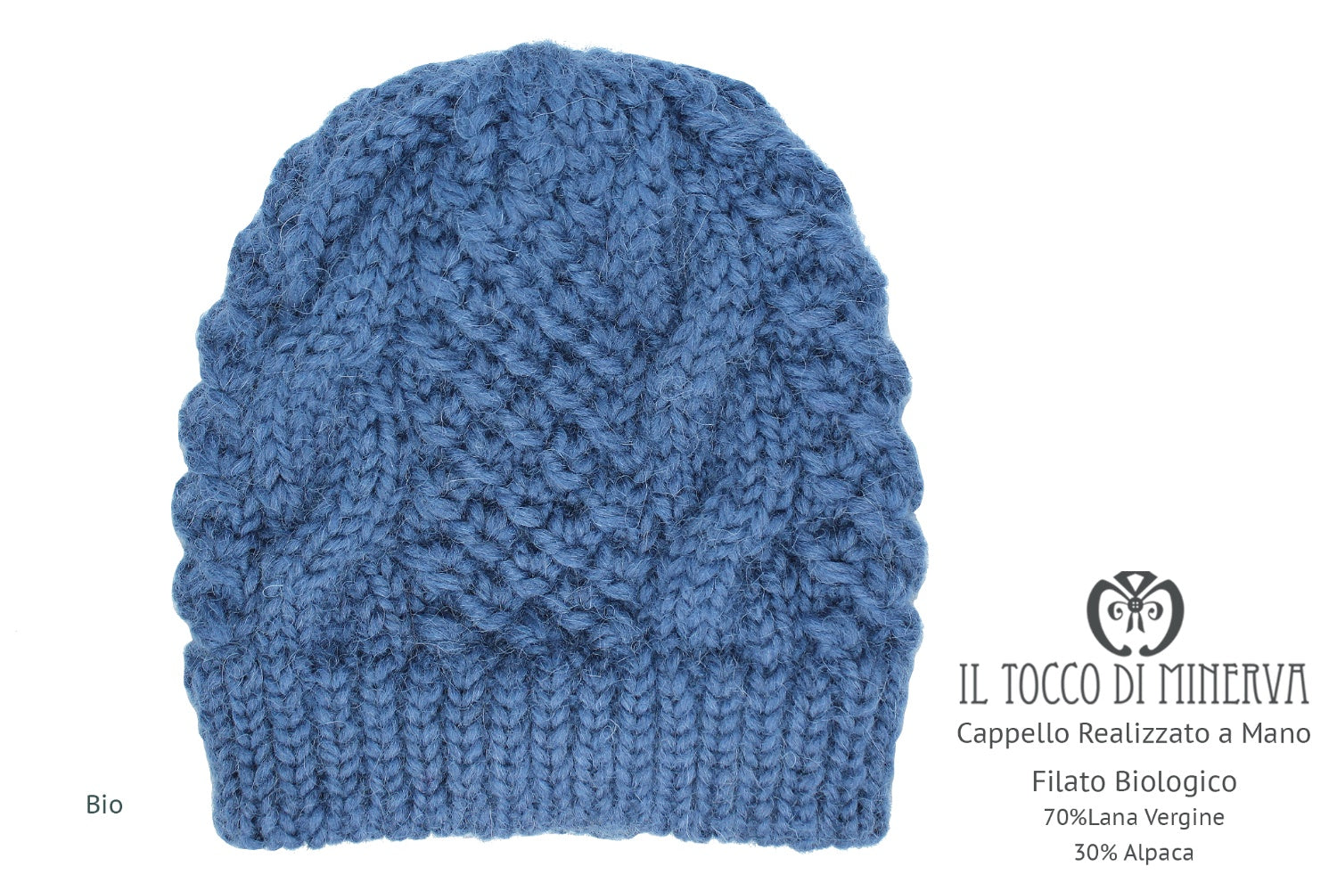 Cappello donna blu in lana biologica Bio - Realizzato a mano - Il Tocco di Minerva
