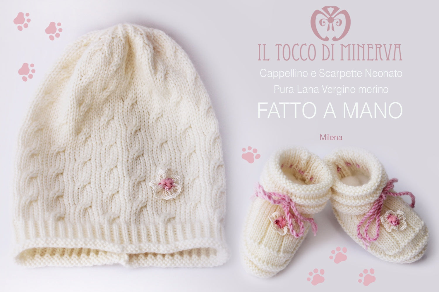 Cappello e Scarpette neonato bianco latte  Milena Realizzato a mano - Il Tocco di Minerva