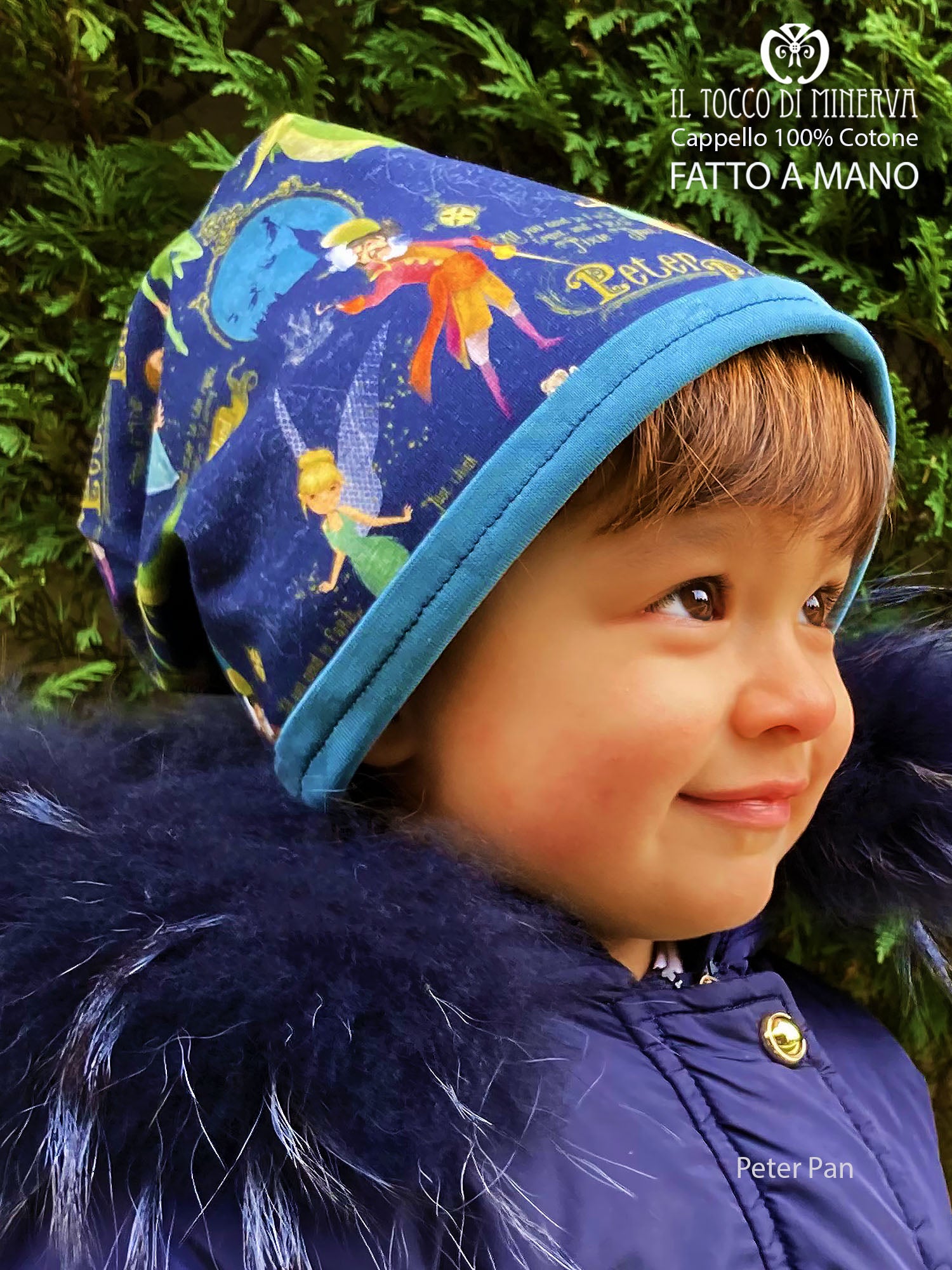 Cappello reversibile unisex 100% cotone Peter Pan blu - Fatto a Mano - Il Tocco di Minerva