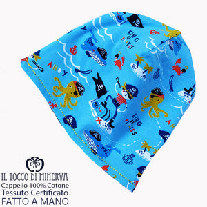 Cappello reversibile bambino100% cotone pirati celeste - Fatto a Mano - Il Tocco di Minerva