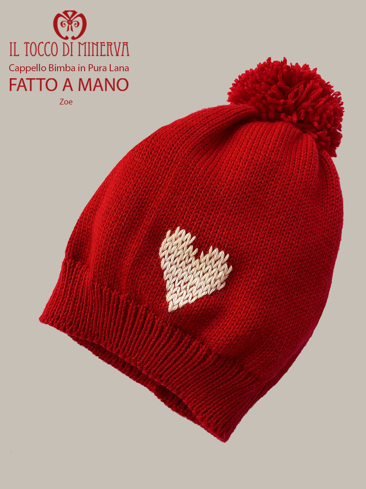 Cappello bimba pura lana rosso bianco zoe - Realizzato a Mano - Il Tocco di Minerva