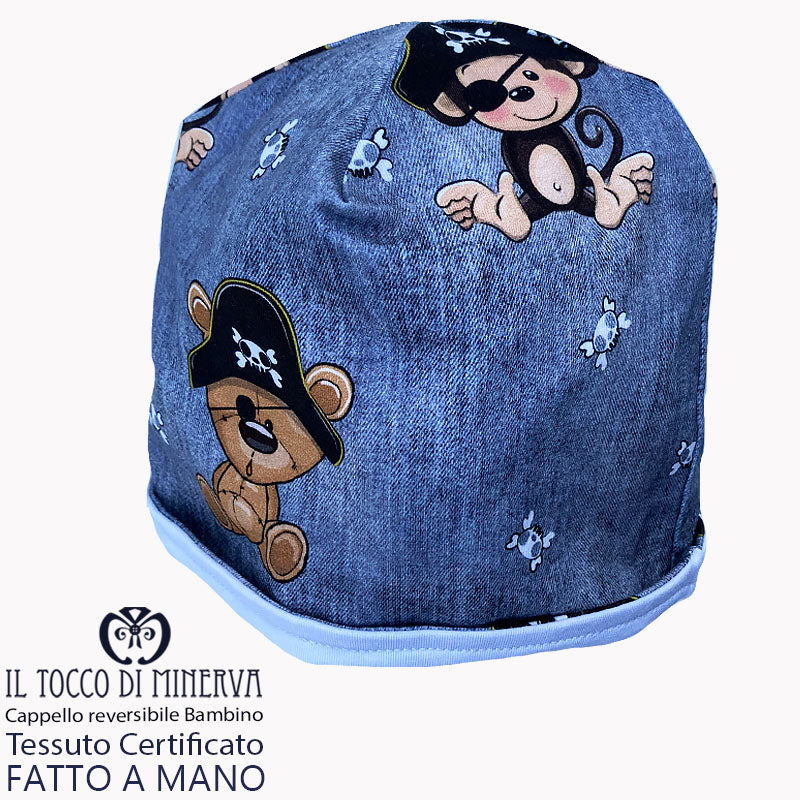 Cappello reversibile bambino 100% cotone Little Monkey - Fatto a Mano - Il Tocco di Minerva