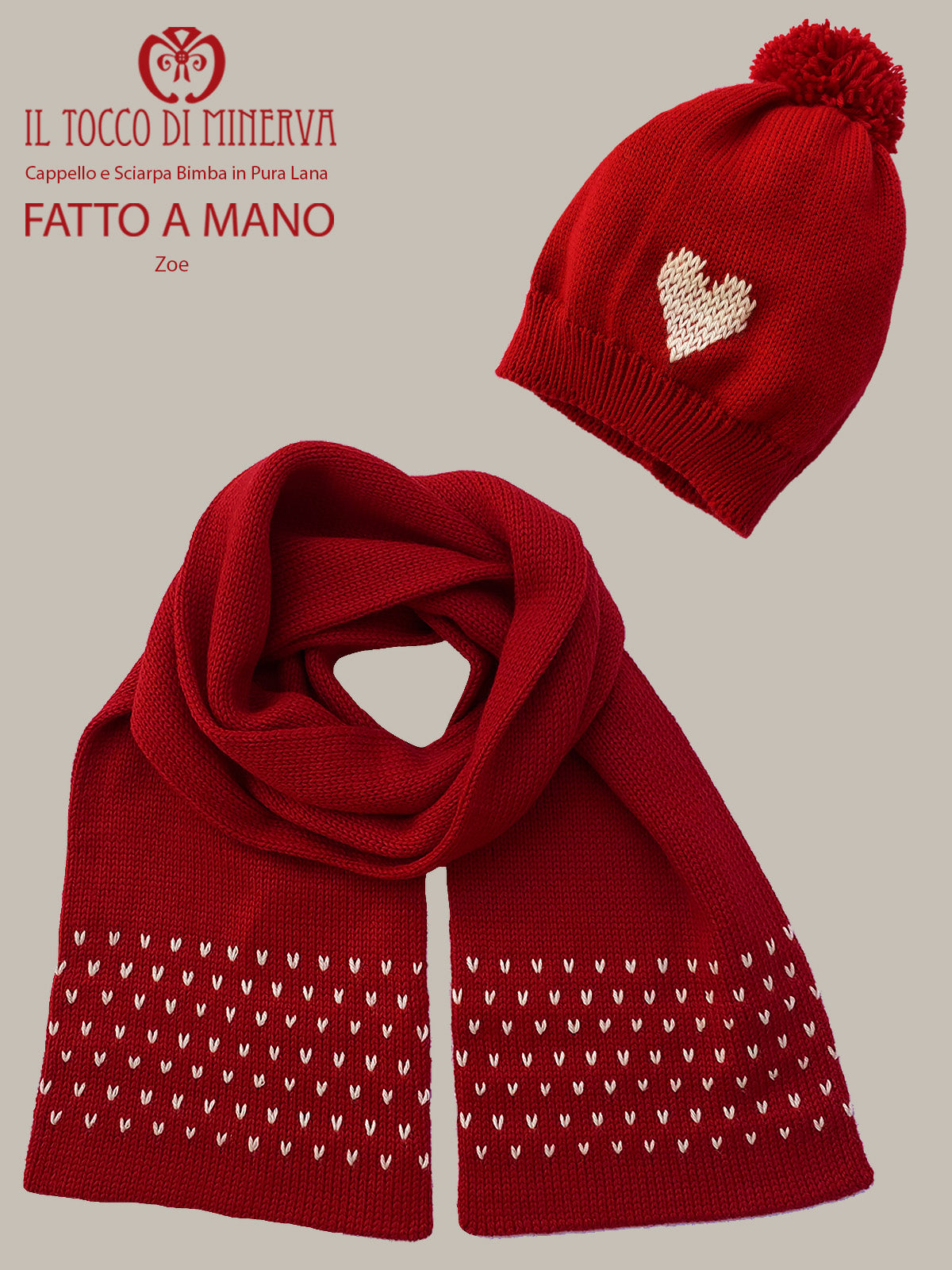 Sciarpa e cappello bimba  pura lana rosso e bianco zoe - Realizzato a Mano - Il Tocco di Minerva