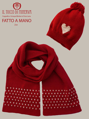 Sciarpa e cappello bimba  pura lana rosso e bianco zoe - Realizzato a Mano - Il Tocco di Minerva
