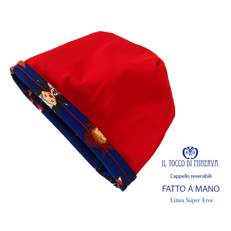 Cappello reversibile felpato bambino fantasia Super Eroi - Fatto a Mano - Il Tocco di Minerva