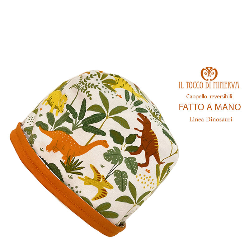 Cappello reversibile bambino 100% cotone dinosauri - Fatto a Mano - Il Tocco di Minerva