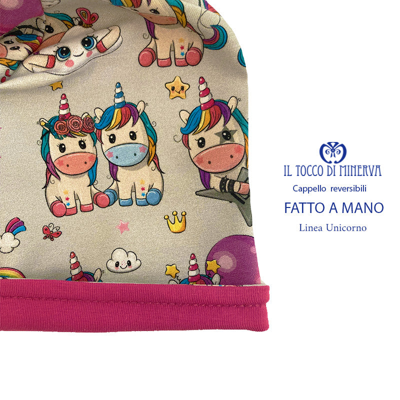 Cappello reversibile bambina100% cotone unicorno - Fatto a Mano - Il Tocco di Minerva