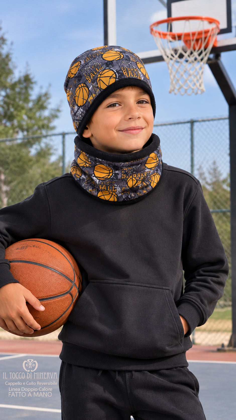 Cappello e collo reversibile felpato basket -Fatto a Mano