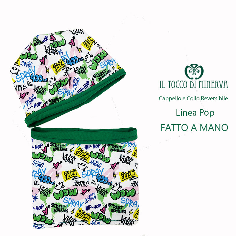 Cappello e collo reversibile felpato fantasia pop bianco - Fatto a Mano