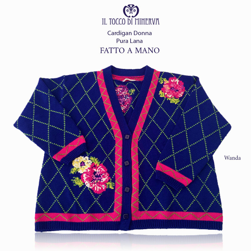 Cardigan Donna pura Lana Wanda ricamato  - Fatto a Mano - Il Tocco di Minerva