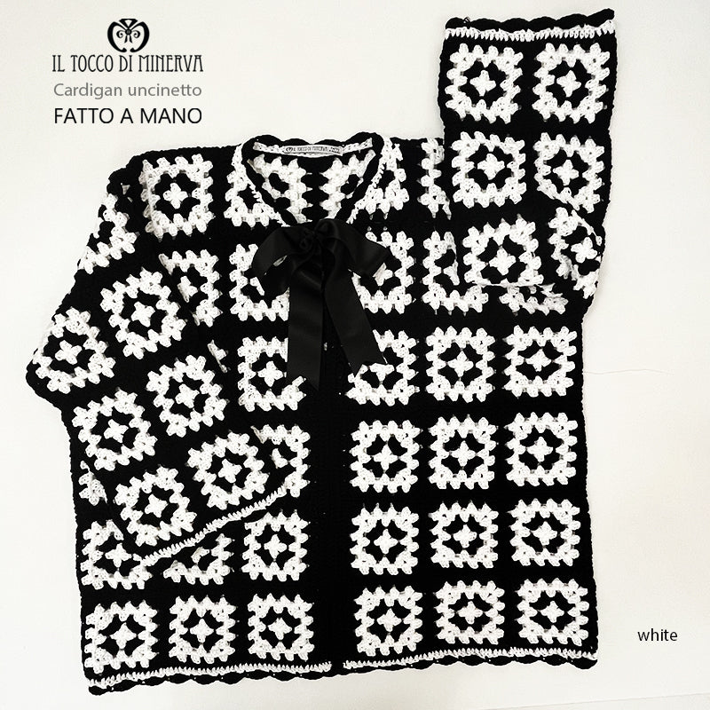 Cardigan Donna cotone White mattonelle uncinetto  - Fatto a Mano