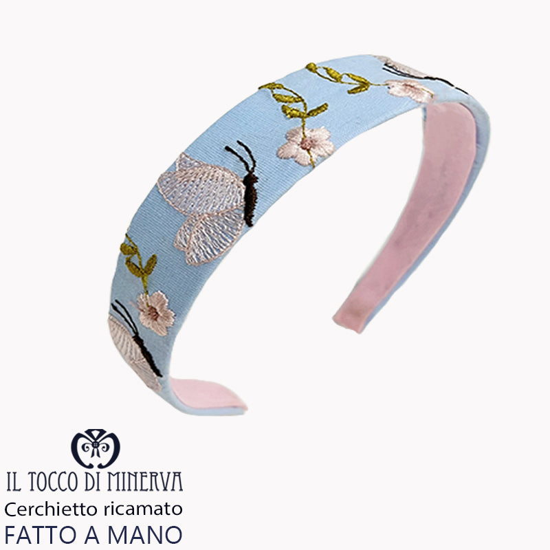 Cerchietto ricamato in lino celeste e rosa - Fatto a Mano