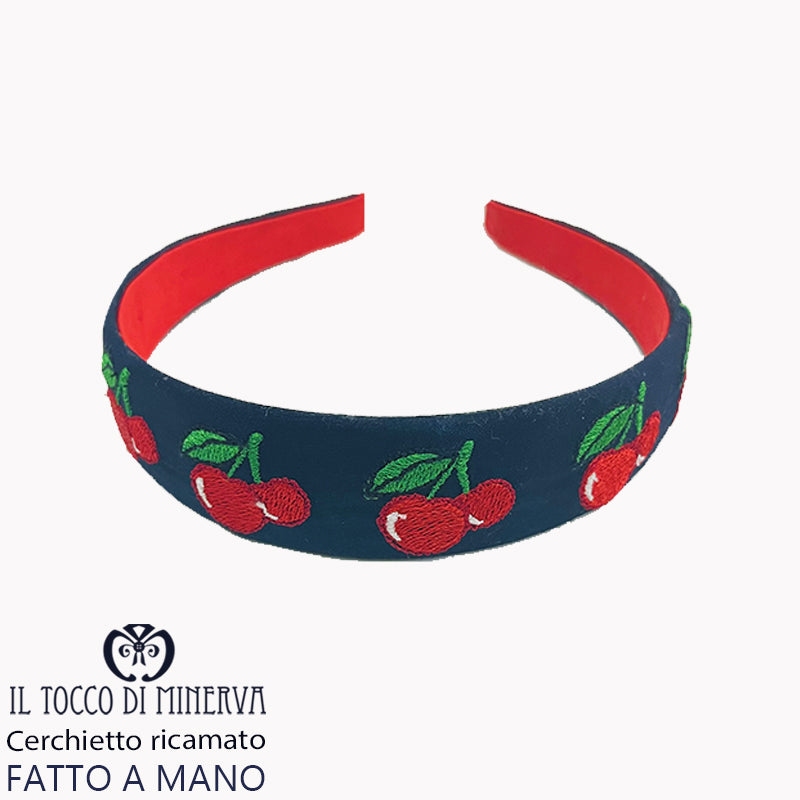 Cerchietto ricamato in lino blu ciliegie rosso  - Fatto a Mano
