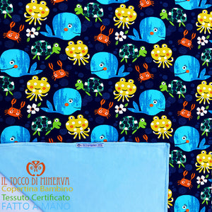 Copertina Neonato in Cotone Certificato Animali marini - Fatto a Mano - Il Tocco di Minerva