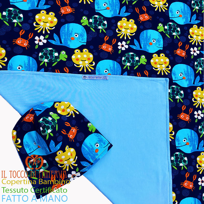 Copertina Neonato in Cotone Certificato Animali marini - Fatto a Mano - Il Tocco di Minerva