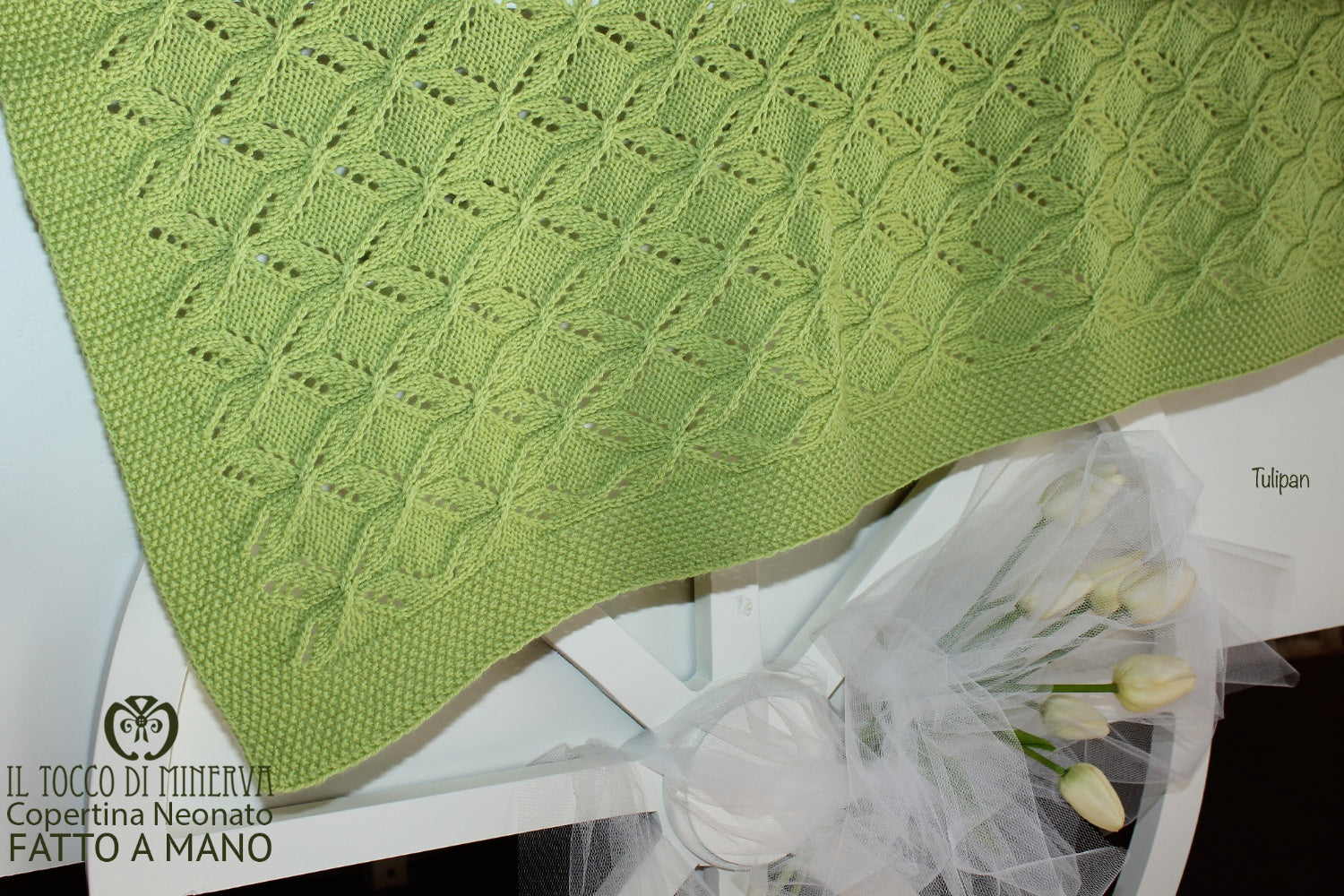 Copertina per Neonato/a Pura Lana Verde Tulipan - Realizzata a mano - Il Tocco di Minerva