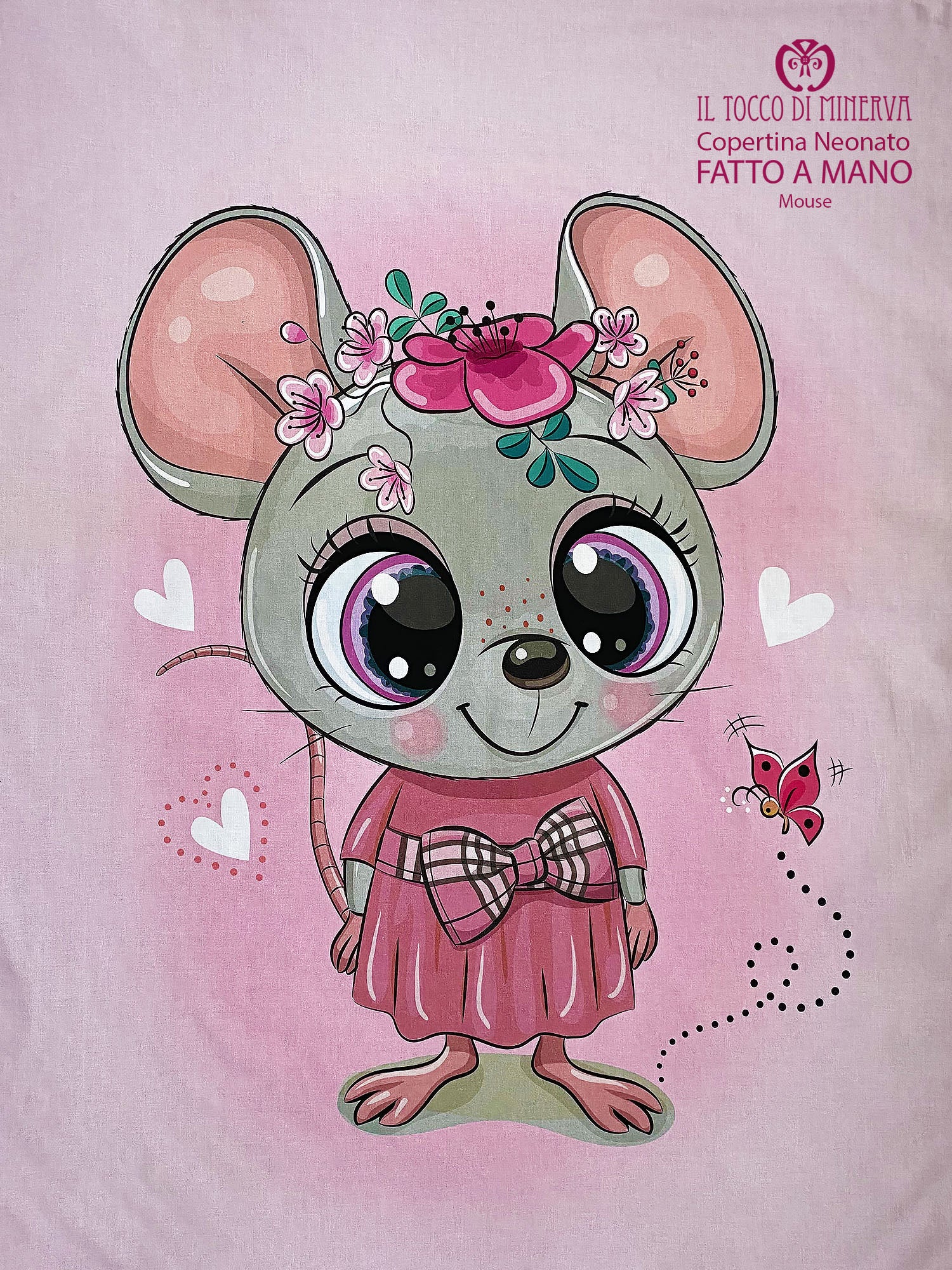 Copertina con bordo Neonato in Pile rosa antico e Cotone Topolina  - Fatto a Mano - Il Tocco di Minerva