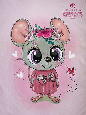 Copertina con bordo Neonato in Pile rosa antico e Cotone Topolina  - Fatto a Mano - Il Tocco di Minerva